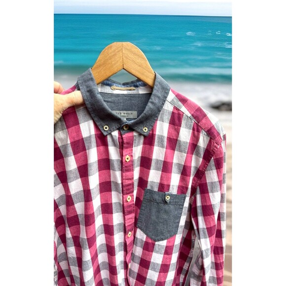 Ted Baker London Plaid LS Shirt Contrast Pocket & Collar Cotton Linen Men Size 5 - Picture 1 of 11